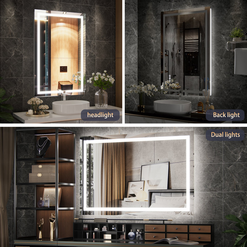 LED Bathroom Mirror with Front and Backlight Wall Mirrors with 3 Color Adjustment with Light LED Vanity Mirror with Anti Fog lighted up bathroom